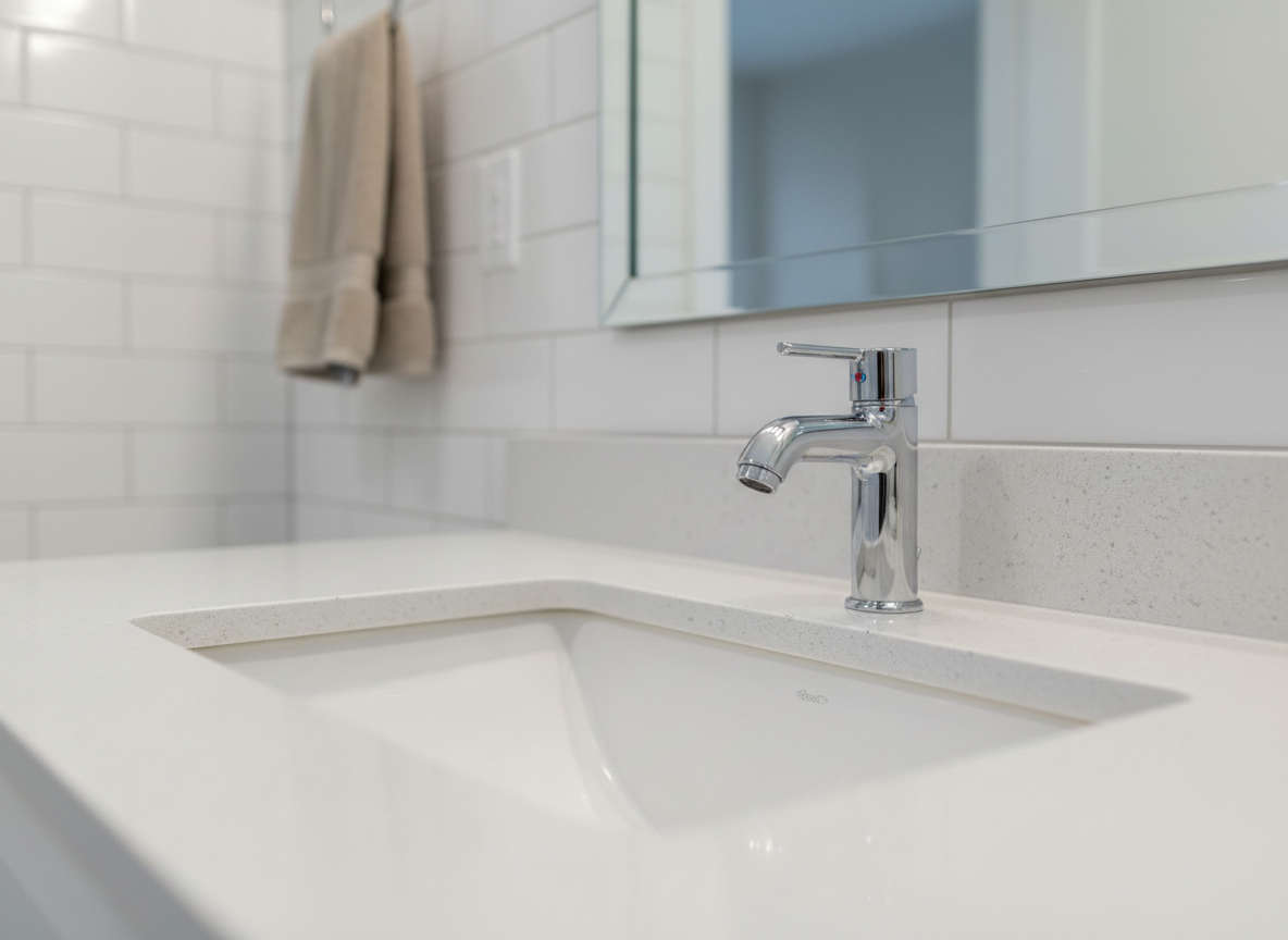 A close-up, photographic realism shot of a freshly cleaned bathroom vanity in a modern home. The white ceramic basin is flawless, with water spots completely removed, and a sleek chrome mixer tap gleams under soft overhead lighting. The mirror above is crystal clear, showing no streaks or fingerprints, while the quartz countertop appears perfectly wiped and dry. In the blurred background, immaculately scrubbed white tiles and a neatly folded neutral hand towel add subtle context. Shot at eye level with a shallow depth of field, the composition focuses on reflection and shine, creating a mood of hygiene, freshness, and meticulous attention to detail.