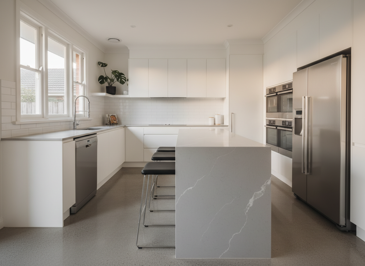 A pristine kitchen in a contemporary Brisbane home, featuring smooth white cabinetry, stainless steel appliances without a single smudge, and a polished stone island bench that reflects light subtly. The sink area is immaculate, with chrome fixtures shining and no dishes in sight. The tiled splashback is spotless, grout lines bright and even. Soft natural daylight streams in from a side window, highlighting the reflective surfaces and casting gentle shadows beneath bar stools. Photographic realism, shot from a three-quarter angle with moderate depth of field. The mood is hygienic, fresh, and highly organised, conveying the thoroughness of a professional kitchen clean.