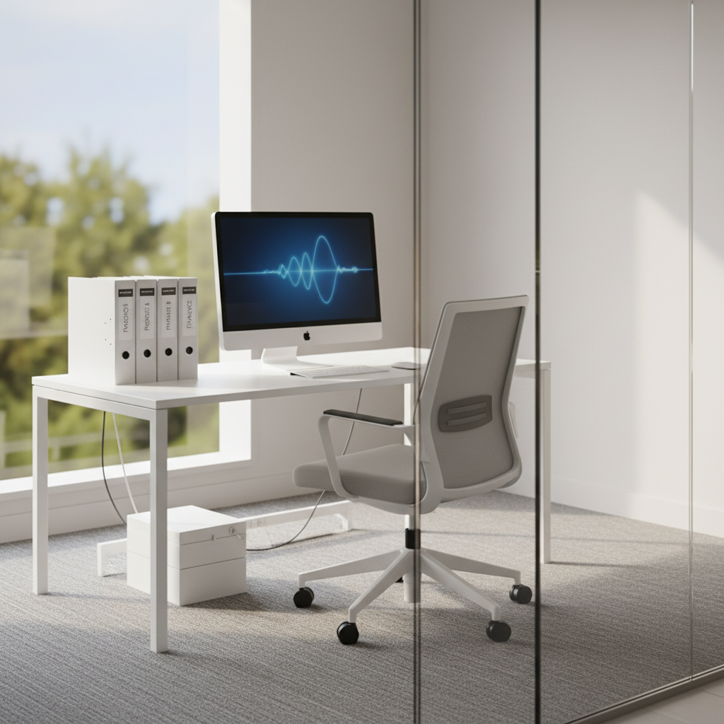 A bright, organised open-plan home office with a white laminate desk, spotless computer monitor, and neatly stacked folders in matching labelled binders. The desk surface is completely free of dust and fingerprints, with cables carefully concealed. A freshly wiped glass partition reflects soft daylight from a nearby window, while a clean, low-pile grey carpet stretches across the floor with precise vacuum lines. Photographic realism with a clean and modern aesthetic, captured from a slightly elevated angle. Diffused afternoon light creates a professional, productive atmosphere that feels fresh, uncluttered, and ideal for focused work after a detailed cleaning service.